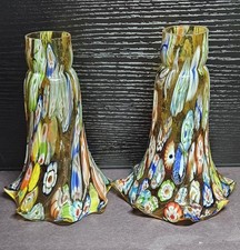 Set 2 Murano Style Millefiori Lily Lamp Shade Amber Art Glass 6" Ruffled UV Glow