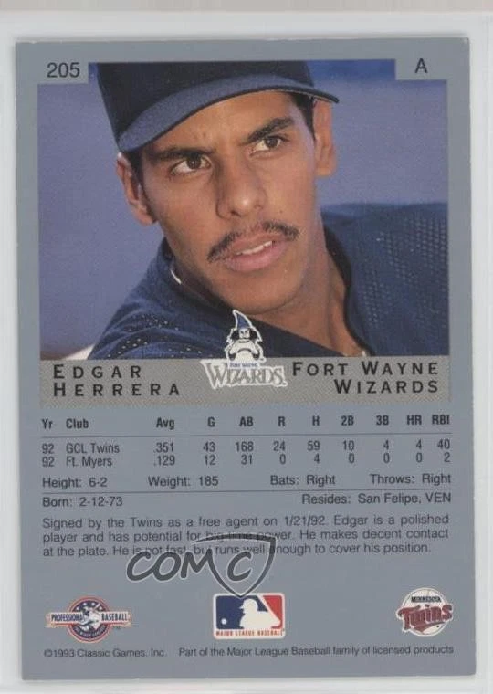 1993 Classic Best Minor League Ed Herrera Edgar Herrera #205 Rookie RC - Image 2 of 2