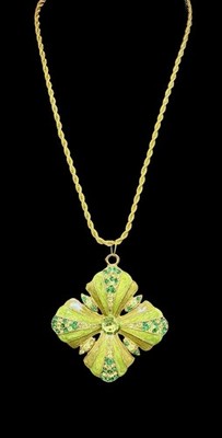 Vintage Shades Of Green Enamel/Rhinestone Cross Pendant Necklace~1990s