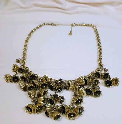 Loft Gold Tone Floral Charm Bib Statement Necklace Black Crystal Signed