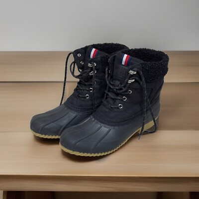Tommy Hilfiger Black Waterproof Winter Duck Boots 9 Sherpa Lining & Rubber Soles