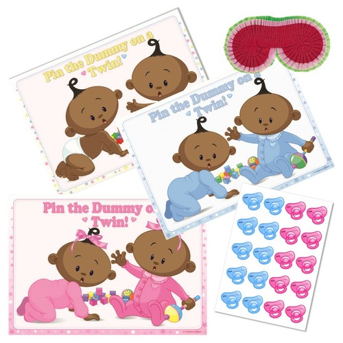 TWIN BABY SHOWER GAME - Ethnic Pin the Dummy & Blindfold Unisex Neutral 10 - 40 - Foto 5 di 9