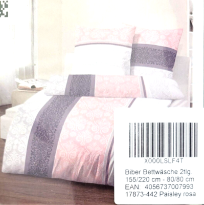 Soma Biber Bettwäsche 2 teilig 155x220 / 80x80 cm Hellgrau Rosa Quarz Paisley