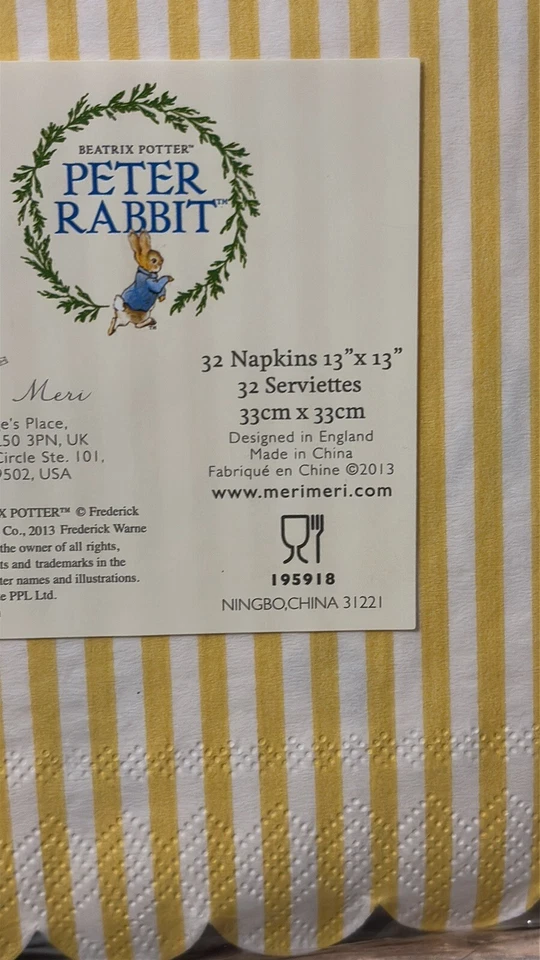 NEW MERI MERI PETER RABBIT HOP LITTLE RABBIT HOP HOP HOP 13 X 13 NAPKINS - Image 3 of 4