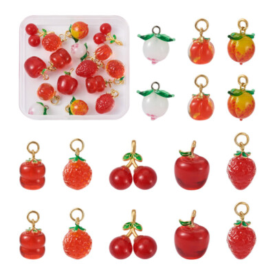 16 Stck. Lampenarbeit Anhänger Früchte Glas Perlen Charms Rot Pfirsich Kirsche Erdbeere