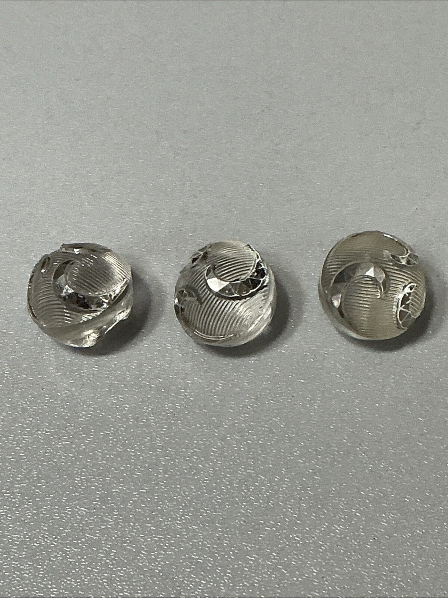 3) VTG Clear Glass Ball Tunnel Shank 1/2” Buttons Silver Floral