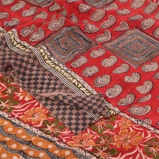 Sanskriti Vintage Saree Red Pure Crepe Silk Floral Printed Sari 5.5 Yd Fabric