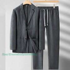 2 PC Men Linen Two Button Suit Thin Causal Blazer Pants Coat Beach Jacket Gift