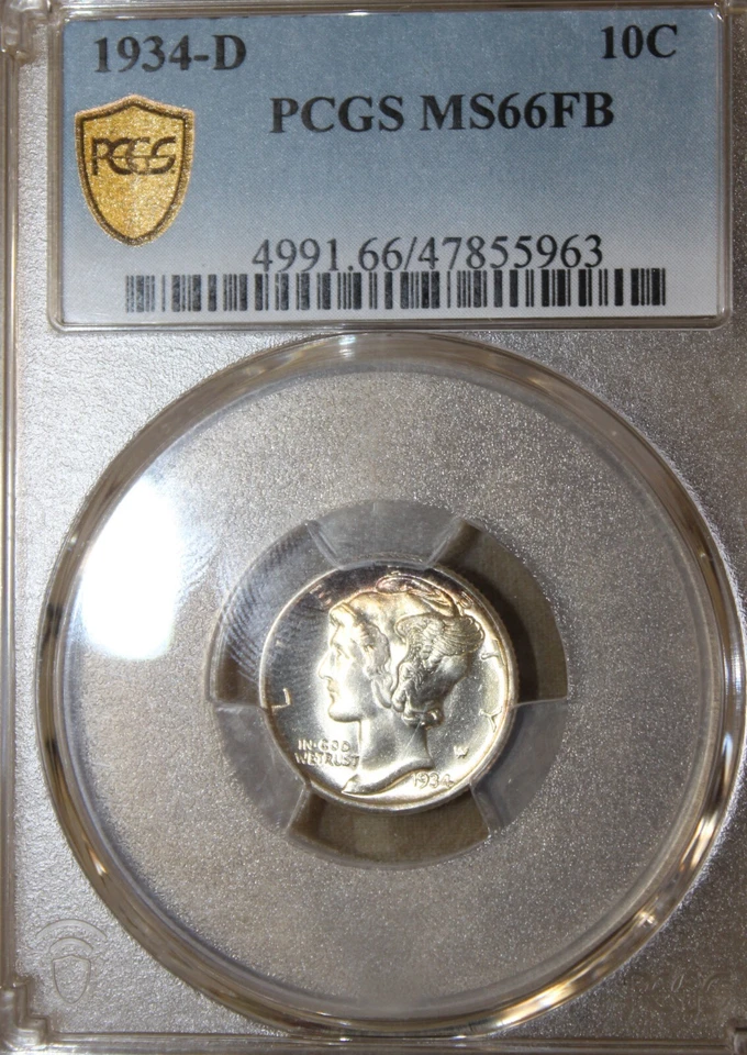 Moneda de diez centavos Mercury 1934-D MS66FB, GRADUACIÓN PROFESIONAL 47855963 Foto 3 de 4