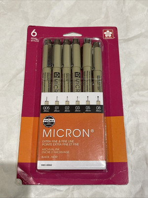 30062 Sakura Pigma Micron Fine Line Marker Pen Set, Black Ink, Set of 6 Pens New