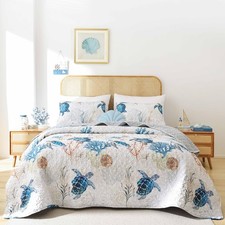 Coastal Quilt Set Queen Size - Sea Turtle Ocean Print Lightweight Soft Microf...