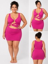 Pink Solid Scoop Neck Sleeveless Bodycon Mini Dress Plus Cut Out Ring