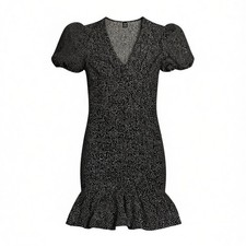 Shein Black Polka Dot Flutter Sleeve Mini Dress L V Neck Ruffle Hem Cottagecore