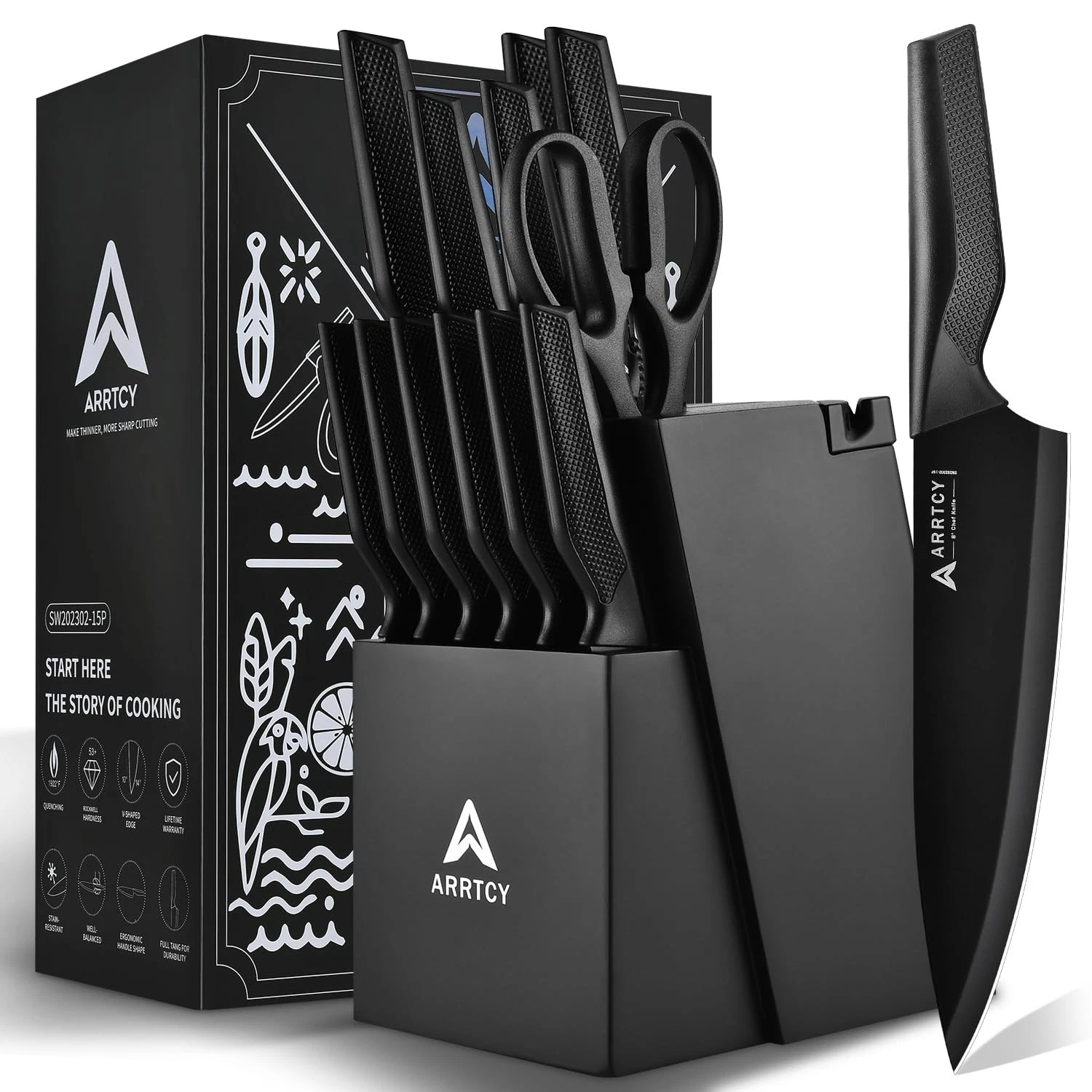 Set with Block - Kitchen Set German High-Carbon Steel - 15-Piece with Built-i...