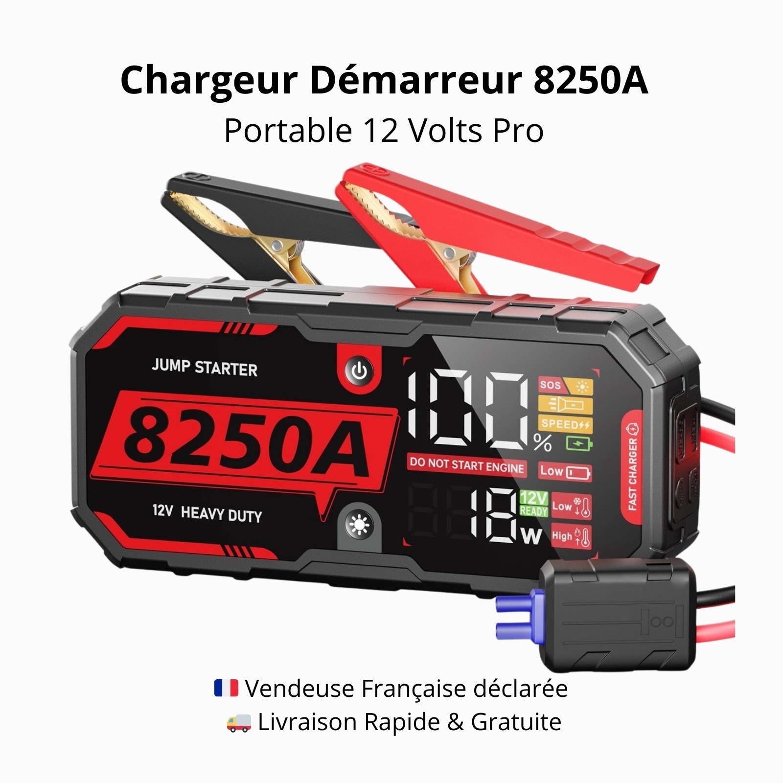 Booster batterie voiture 8250A 12V 26000mAh noir pour démarrage d'urgence