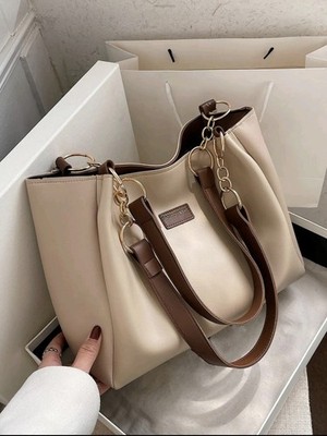 FASHION&BAG Beige Brown Chain Accent Shoulder Bag Gold Hardware Logo Patch