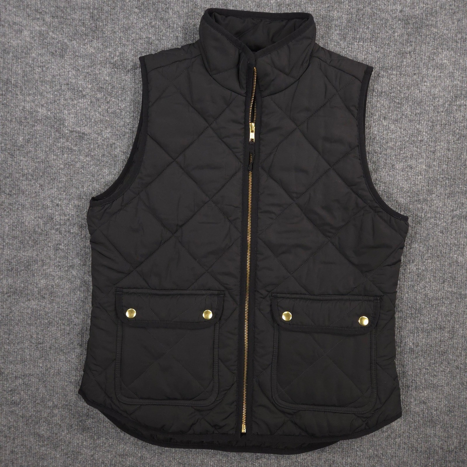 J Crew Vest Womens S Black Quilted Puffer Full Zip Flap Pockets Preppy Outdoor