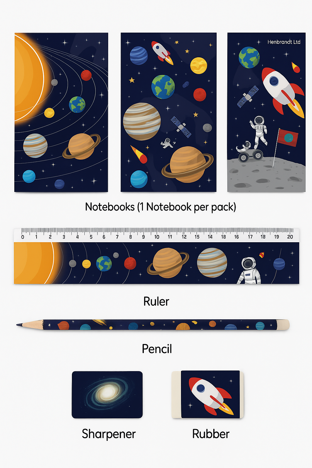 Space Rocket & Planets Stationery Set of 5,Pencil, Ruler, Eraser,Sharpener