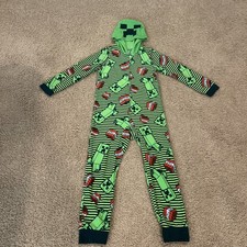 Minecraft Boys Zip Up Footless One Piece Pajama With Hood Size 8/10