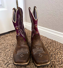 Ariat Girls Square Toe Brown Leather Western Boots Purple Stitching US 4.5