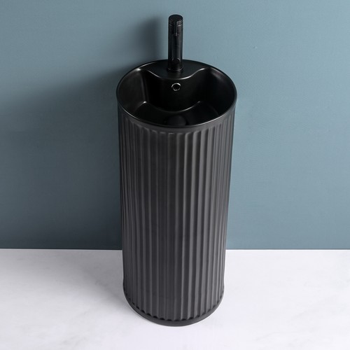 Black Pedestal Sink Vessel Matte Finish Extremely Durable Ceramic Circular Round - Picture 7 of 12