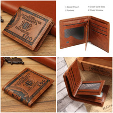 Men's 100 Dollar Pattern Bifold Wallet Cash Coin Bank Card Pu Leather Wallet
