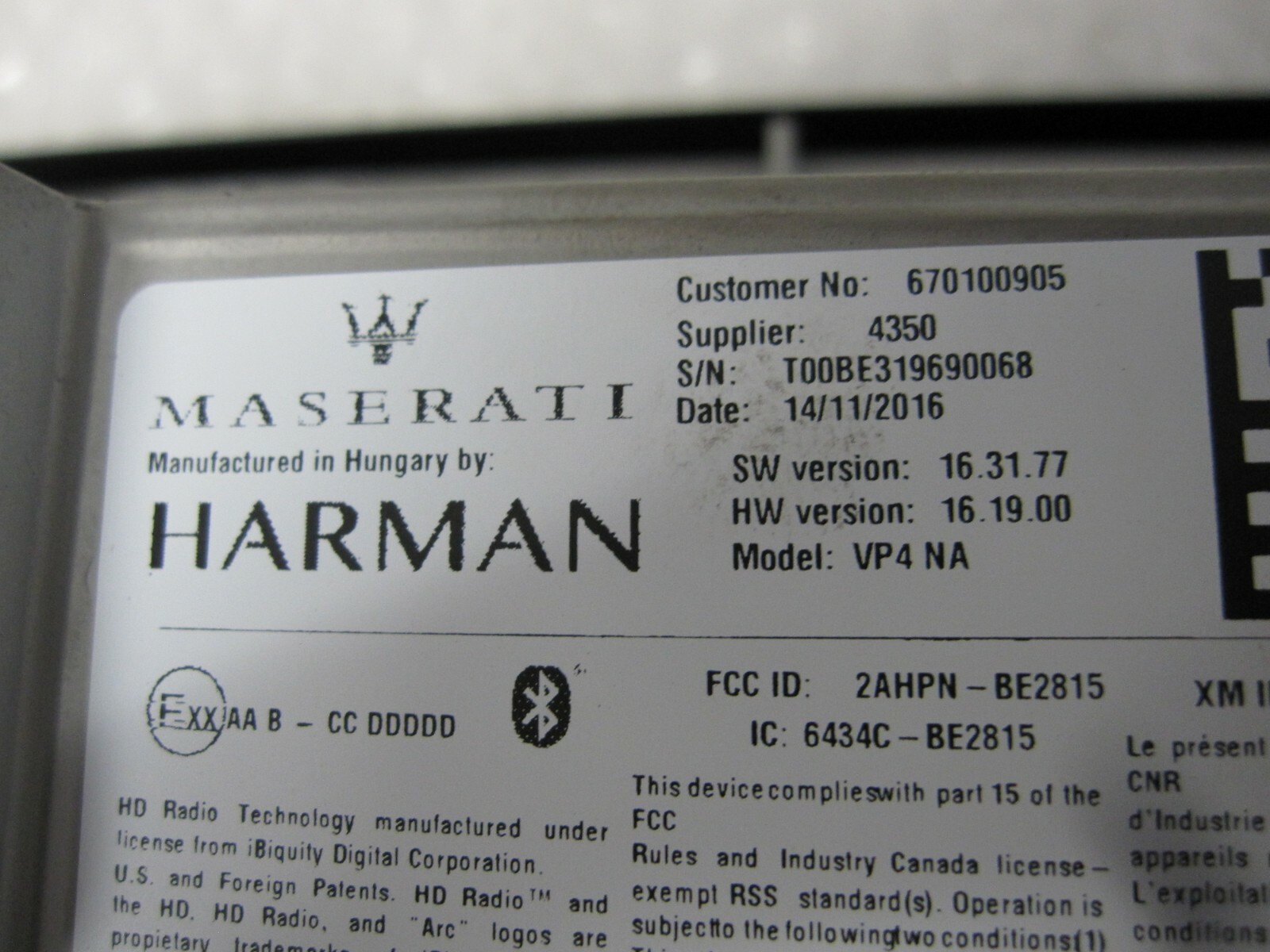 2014-17 Maserati Harman 8.4 TOUCH SCREEN  Navigation Screen P/N 670100905 
