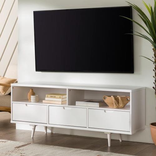 Mid Century Modern TV-Ständer aus Massivholz mit 3 Schubladen für Fernseher bis weiß - Bild 4 von 6