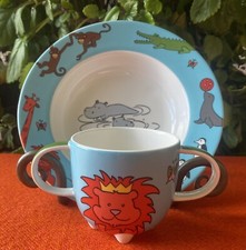 VILLEROY & BOCH Porcelain Funny Zoo Animals Footed Bowl&2-Handled Cup Child Set