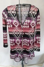 Woman's ABOUT A GIRL Hi Low Dress TUNIC MED AZTEC BOHO TRIBAL GEOMETRIC SHEER