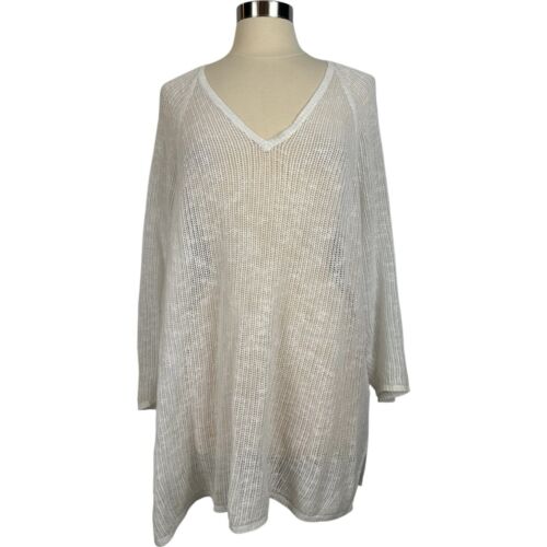 Maglione bianco EILEEN FISHER donna taglia XL scollo V cotone biologico lino tessuto aperto - Foto 3 di 18
