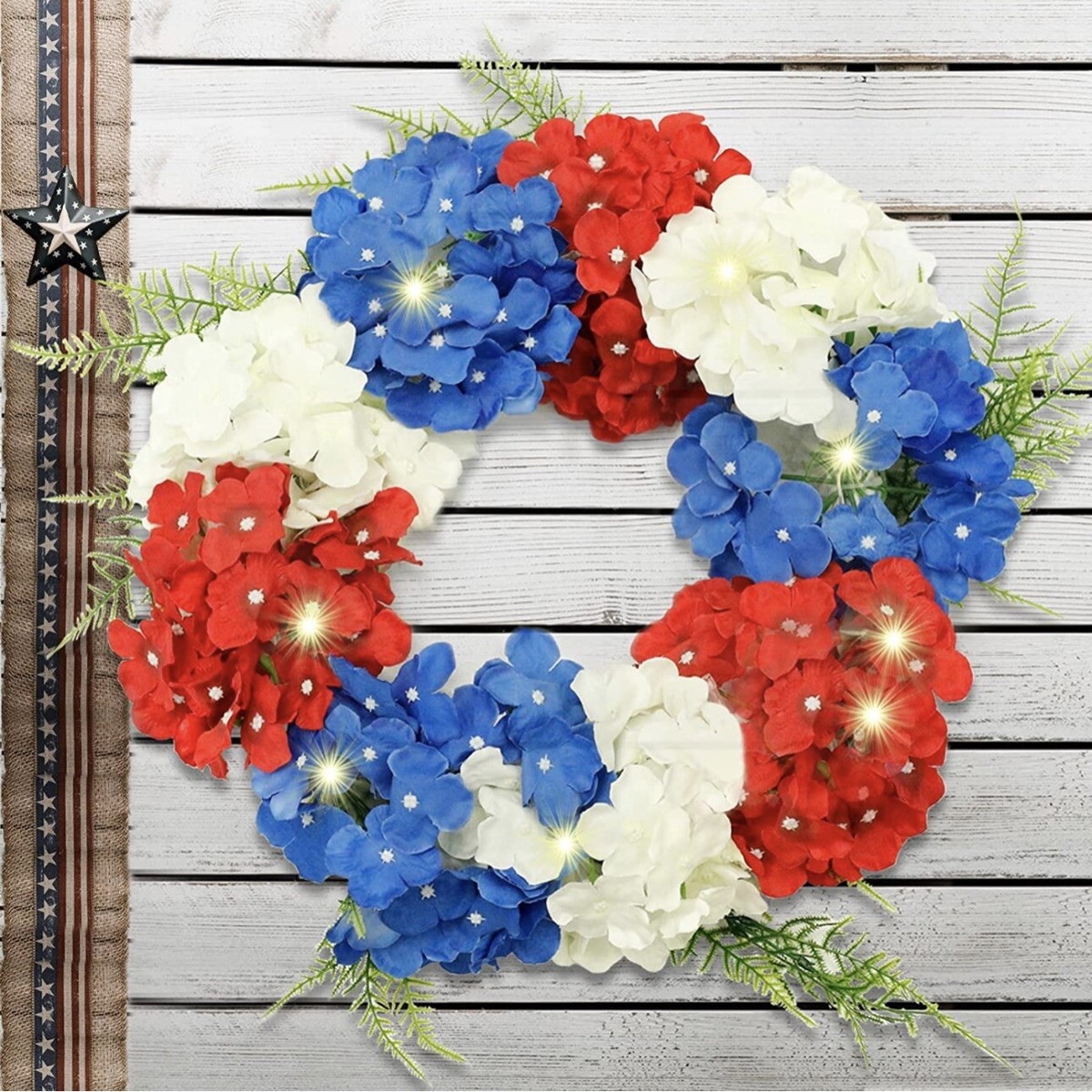 LED Patriotic July 4 Front Door Red White Blue Wreath W/ Lights