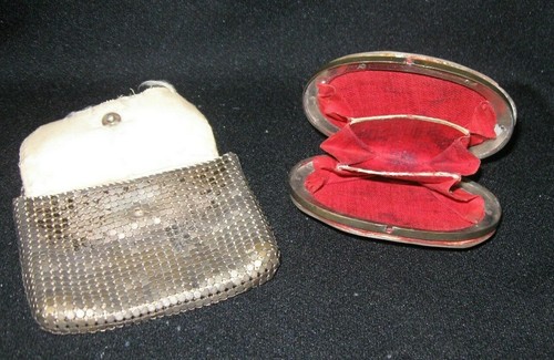 2 Antique Victorian Coin purses silver mesh cross rare clam shell pc TLC 1800s - Picture 5 of 10