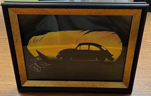 Juan Santiago Feather Painting ~ VW Beetle Clearwater Beach 2016 Framed NICE! - Picture 1 of 2