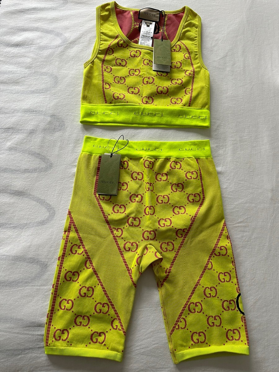 Gucci women's Lemon Yellow Pink GG Jacquard Jersey Crop Top Gucci women's Lemon Yellow Pink GG Jacquard Jersey Crop Top