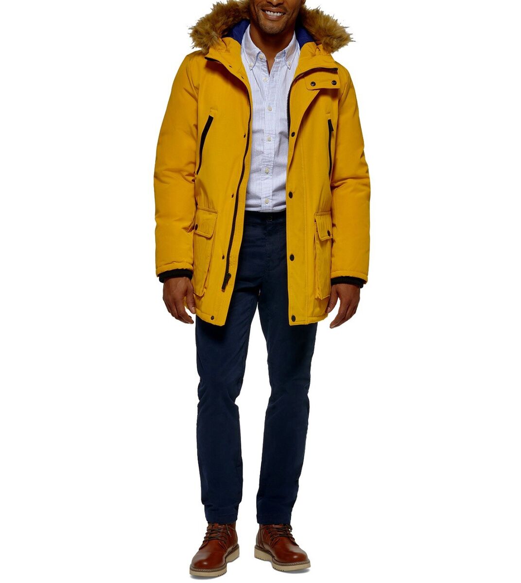 Club Room Men's Parka with a Faux Fur-Hood Jacket, Yellow, Size M Club Room Men's Parka with a Faux Fur-Hood Jacket, Yellow, Size M
