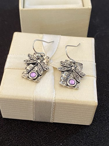 Silver Tone Pink Purple Crystal Dragonfly Drop Dangle Earrings Fun Fashion Cute - Picture 7 of 8