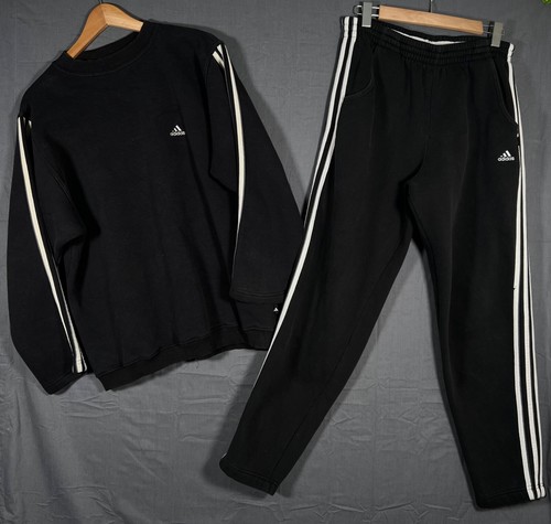 VTG Adidas Tracksuit Sz L Black Jumper Pants Set Baggy Firebird Hype Hip Hop Y2K