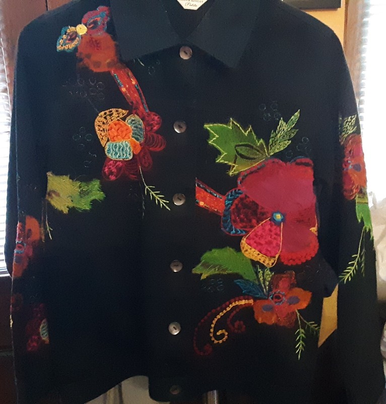 Laura Ashley Jacket Womens Sz PS Black Art Floral Embroidered Unlined Denim Coat