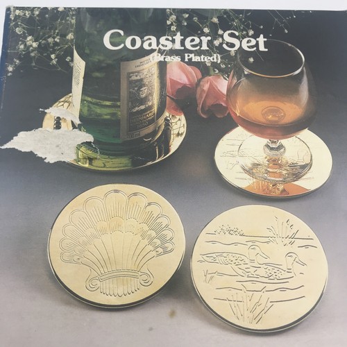 Vtg Lot 6 Brass Engraved Etched New Bar Ware Ducks Cattail Coasters & Holder Set - Picture 8 of 8