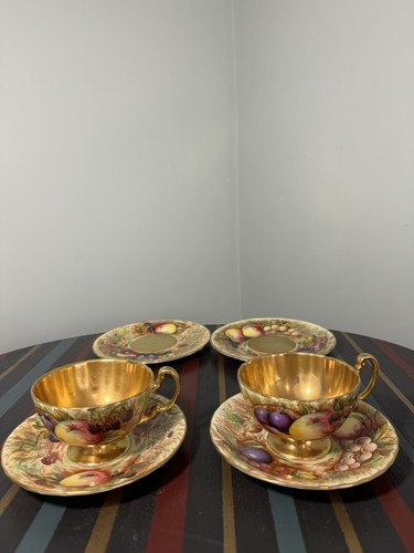 Aynsley Gold Orchard Fruits Demitasse Cup & Saucer & Plate 2 x Trio Sets Signed - Picture 6 of 24