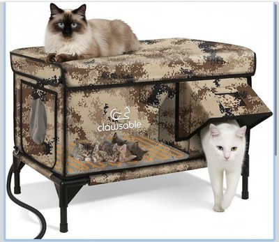 Heated Cat House for Winter - Outdoor Insulated Shelter w/ 2 Doors & Awning