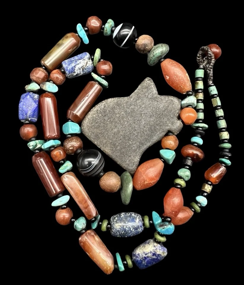 Mezcla de cuentas de piedra antiguas vintage Neaclace, lapislázuli turquesa ágata Wadjet ojo amuleto Foto 4 de 4