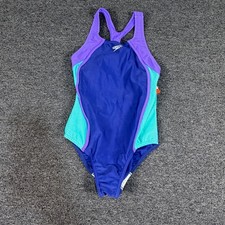 Speedo One Piece Girls 14 Racerback Blue Purple Teal Mesh UV Protection NEW