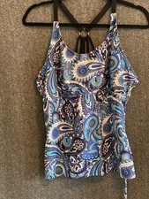 Womens XL Blue Paisley Print Tankini Top With Adjustable Straps  Tummy Control