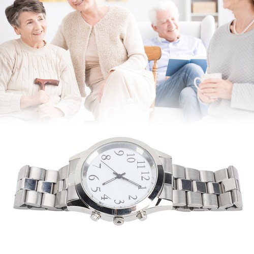Reloj parlante con alarma de acero inoxidable banda elástica grande reloj de voz transparente para - Imagen 8 de 22