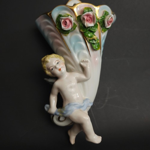 Vintage Cherub Wall Pocket Vase White German Porcelain Angel Whimsical Chateau