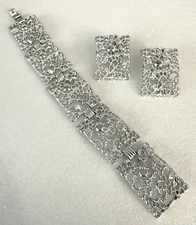 EMMONS Filigree Bracelet And Earrings Set Silver Tone Clip On Vintage LOT