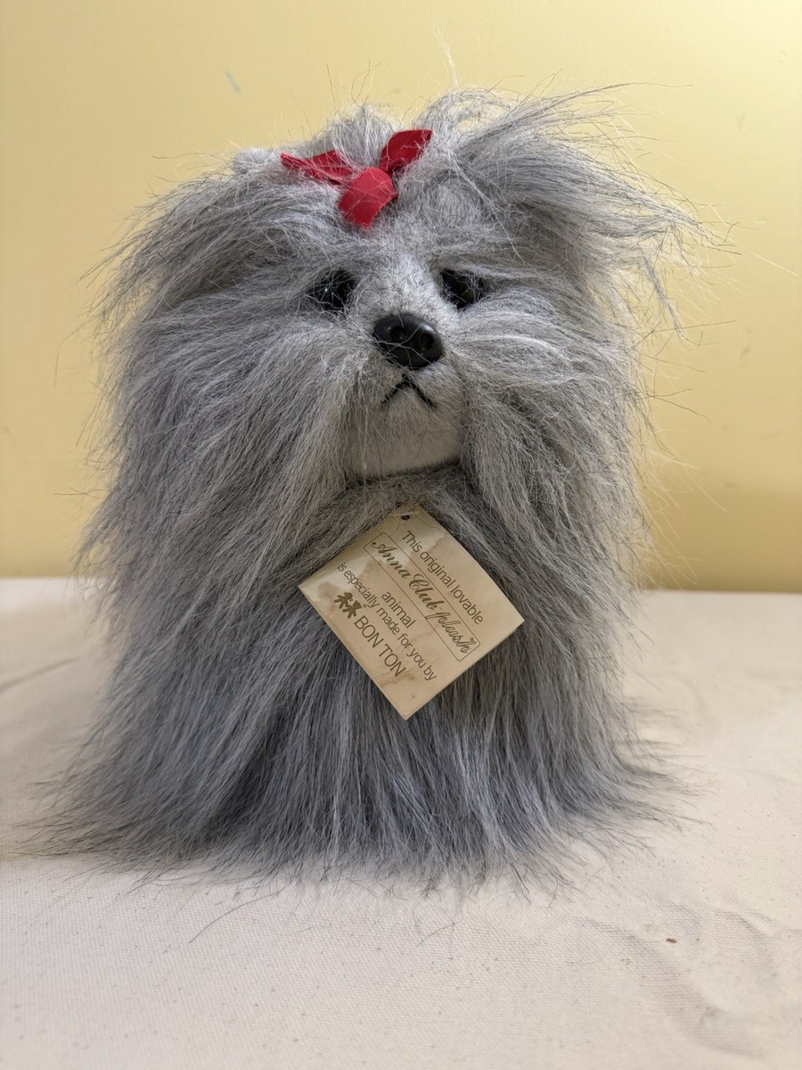 Vintage ANNA CLUB PLUSH Maltese Shih Tzu Gray Stuffed Dog Leather