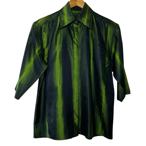 Gucci Italy Women’s 100% Silk Shirt Size 46 Green Stripe Y2K Vintage Designer